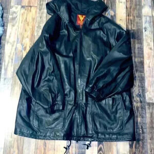 Vintage Venezia Black Leather Trench Coat size 26/28
